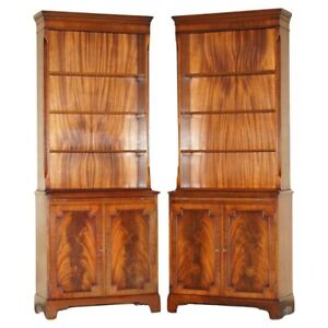 Exquisite Pair Of Flamed Mahogany Library Bookcases Slip Drinks Serving Shelves