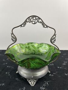 Antique Victorian Silver Plated Brides Basket Green Eapg Art Glass