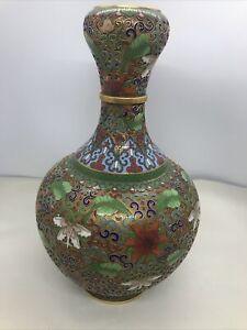 Vintage Chinese Rebublic Raised Relief 9 Cloisonn Vase
