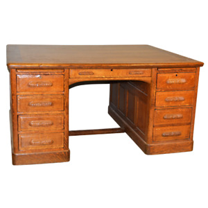 Antique Victorian Oak Raised Panel Partner Executive Desk 21222