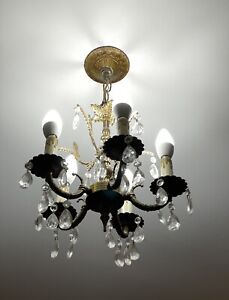 Antique Vintage Petite Spanish Brass And Crystal Chandelier