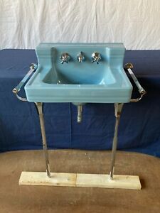 Vtg Mid Century Clair De Lune Blue Sink Chrome Legs Towel Bars Standard 662 23e