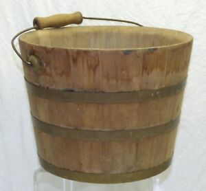 Antique Wood Slat Bucket Brass Banded Banding Primitive Farm Pail W Bail Handle