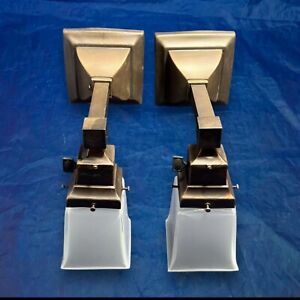 Pair Square Arts And Crafts Brass Mission Sconces With Shades 135b