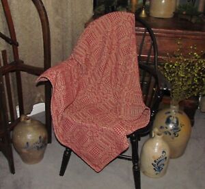 Prim Antique Vtg Style Red Cotton Abigail Woven 32 Coverlet Square Rq23rss