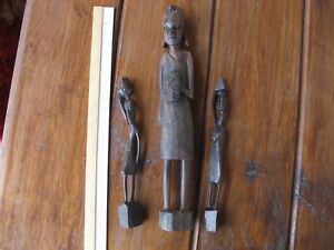 Three Carved African Figures Made Of Wood Ethnographic Antique