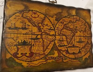 Vintage Wooden Handmade Old World Map Wall Hanging In Latin