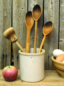 Antique Primitive Old Wooden Spoons In A Small Stoneware Crock Lot
