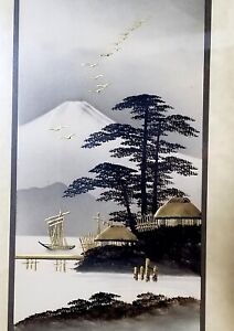 1900s 30s Japanese Mt Fuji Gold Painting Antique Tiger Maple Frame Mount Vtg