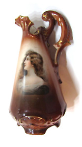 Old 1890 S Austria Brown Porcelain 6 Tall Antique Pitcher Woman Portrait Vase