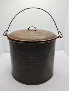 Vintage Antique Tin Lunch Berry Pail Bucket With Lid 4x4 Unsigned