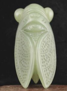 Chinese Old Natural Hetian Jade Hand Carved Statue Cicada Pendant 2 3 Inch