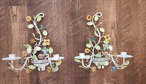 Pair Vintage Italian Toleware Shabby Floral Wall Sconces Sconce Candleholders
