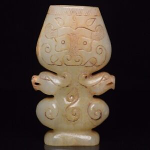 Chinese Antique Han Dynasty Hetian Ancient Jade Carved Beast Jade Zun