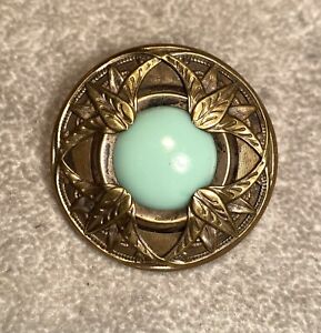 Large Ornate Metal Antique Button W Green Light Glass Center