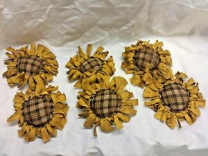 Primitive Bowl Fillers Ornies Yellow Sunflowers Brown Plaid Center Grunged
