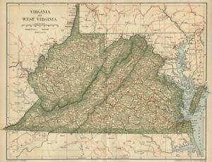 Virginia West Virgina Map 1891 Towns County Canals Railroads Area Population