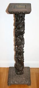 Tall Antique Chinese Carved Wood Pedestal 2 Dragons Carp Signed Magnificient 