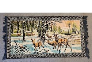 Rare Vintage Swan Blue Velveteen Tapestry Bordered Whitetail Deer Buck 1970s 38 