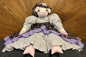 Folk Art Pig Stuffed Fabric Girl Doll 28 Country Primitive Handmade Vintage