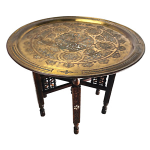 Islamic Brass Tray Table Copper Silver Carved Wood Base Mother Of Pearl Inlay