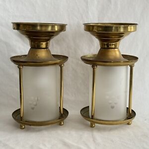 2 Vtg Majestic Ceiling Light Lamp Brass Fixture Frosted Wheel Cut Glass Shade