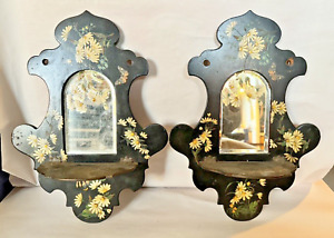 Pair Of Victorian Hand Painted Floral Black Lacquer Papier Mache Shelves Mirrors