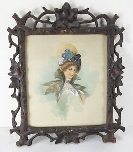Antique German Black Forest Carved Walnut Picture Frame Watercolor Painting
