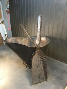 Vintage Galvanized Coal Bucket Scuttle With Shovel Black Painted