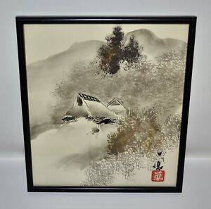 Vintage Japanese Original Signed Watercolor Winter Snow Landscape Art Painting