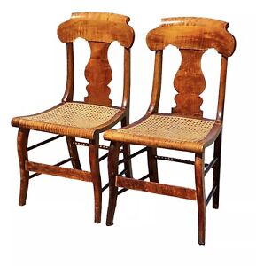 Antique Pair Of Tiger Maple Bird S Eye Maple Side Chairs With Cane Seats