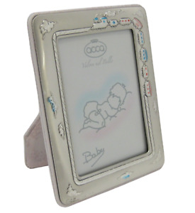 Fine Italian Silver Laminate Pink Blue Train Baby Picture Frame With Pink Back