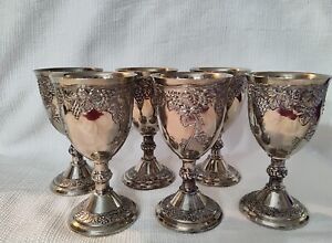 Vintage Silverplated Wine Liqueur Goblets Detailed Grapes Leaves Pattern Euc