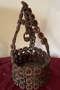 Antique Folk Art Primitive Black Walnut Shell Wired Basket Wishing Well Carved