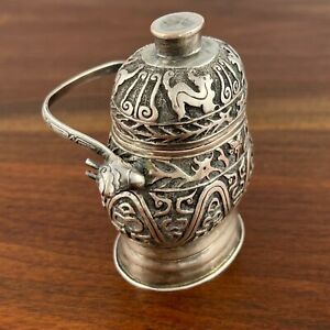 Exotic Asian Maker Silver Betle Box Cow Head Handles With Snakes Dogs Signed