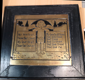 Art Nouveau Curly Haired Angel Child Engraving On Brass Motto Plaque