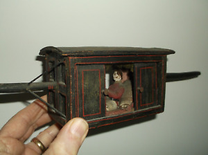 A Rare Antique 19th C Indian Wooden Palanquin Model With British Officer Inside