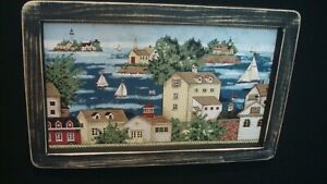 Primitive Country Print Bay With Saltbox Houses And Sailboats 8 X 11 Framed
