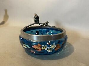 Antique Victorian Decorated Art Glass Nut Bowl Figural Silver Plate Squirrel