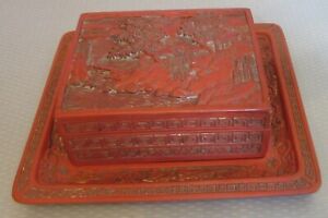 Antique Chinese Carved Cinnabar Box Tray 3p Set 7 X8 Old Asian Red Lacquer