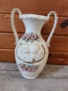 Antique English Victorian Ceramic Floral Vase And Cherub 