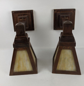 Vintage Arts Crafts Slag Glass Light Fixtures Sconces Brown Wood