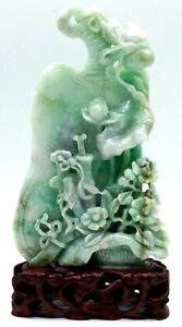 Chinese Green White Jadeite Jade Sculpture Flowers Fruit More On Stand