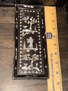 Antique Lacquered Chinese Black Paper Mache And Mother Of Pearl Inlay Tray