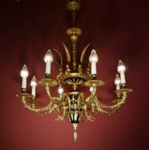 Fine 8 Light Cherubs Empire Brass French Black Varnish Chandelier Lamp 28 