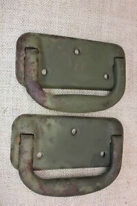 2 Old Tool Box Drop Handles Pulls Industrial Army Green Vintage 1960 Heavy Rust