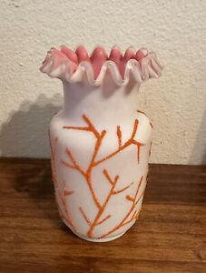 Antique Coralene Hand Blown Art Glass Vase W Pink Ruffle Rim 6 
