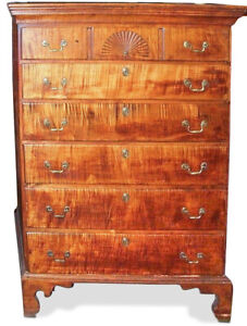 Circa 18th C American Chippendale Tiger Maple Tall Chest Bracket Feet Pa
