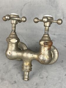 Antique C 1930 Faucet Cast Iron Tub Hot Cold Porcelain Toppers Helicopter