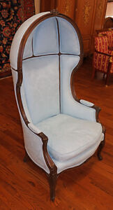 French Louis Xv Style Blue Damask Fabric Hooded Porters Chair